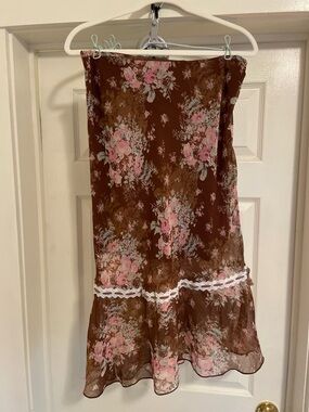 Free People Brown Midi Skirt with Pink Floral Print